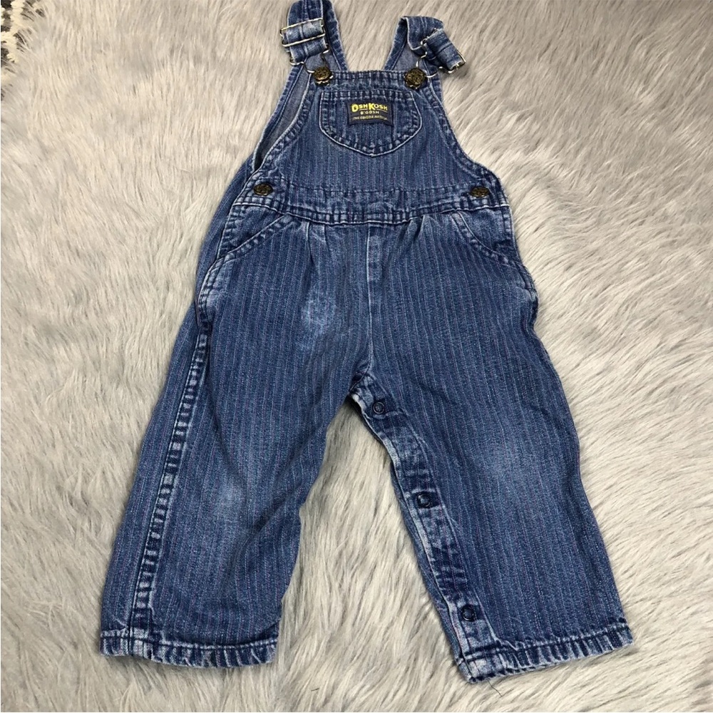 Vintage Oshkosh Bgosh Baby Girls Denim Blue Pink Striped Vestbak Overalls